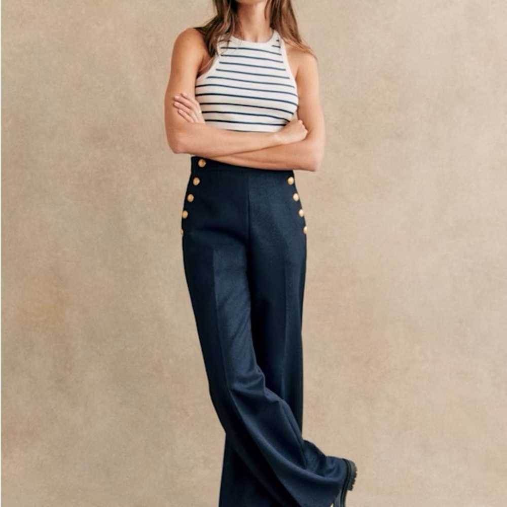 Sezane Navy Wide-Leg Pants with Button Accents